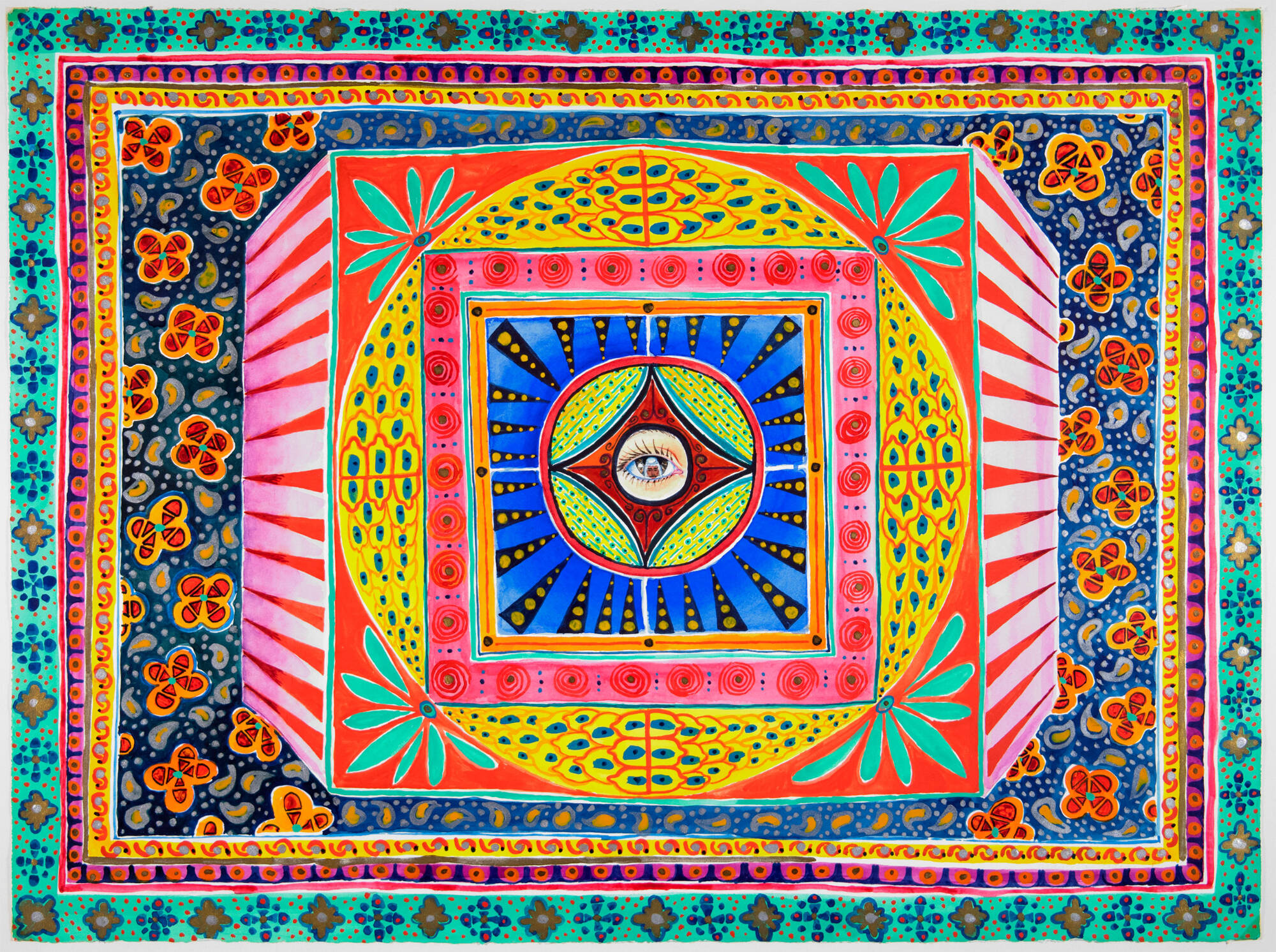 Multi-colored geometric pattern with eye in center, looks like a rug.